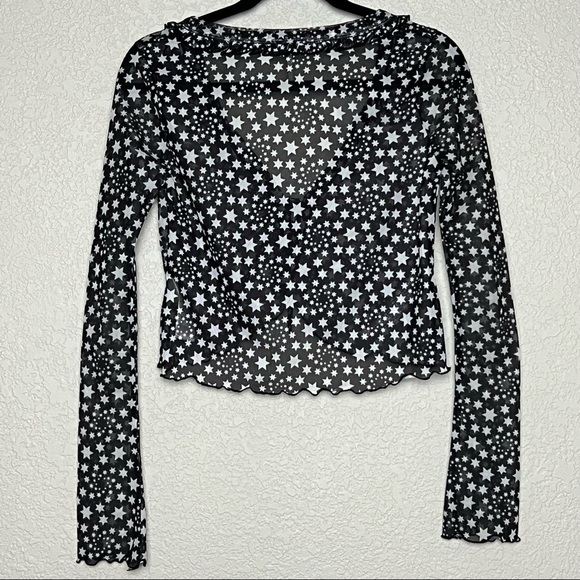 NEW FREE PEOPLE Y2K Sheer Star Tie Front Ruffle V-Neck Long Sleeve Crop Top XS - Picture 7 of 15